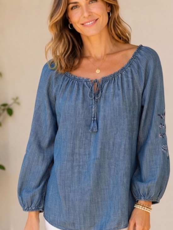 LC Lauren Conrad Tops - LC Lauren Conrad Blue Chambray Embroidered Tassel Peasant Blouse Size L SKU 0210